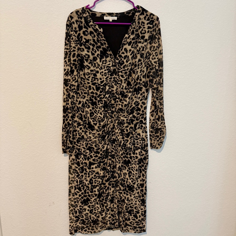 Madison + Hudson Dress Womens XL Brown Leopard Ruched Mesh Midi V-Neck